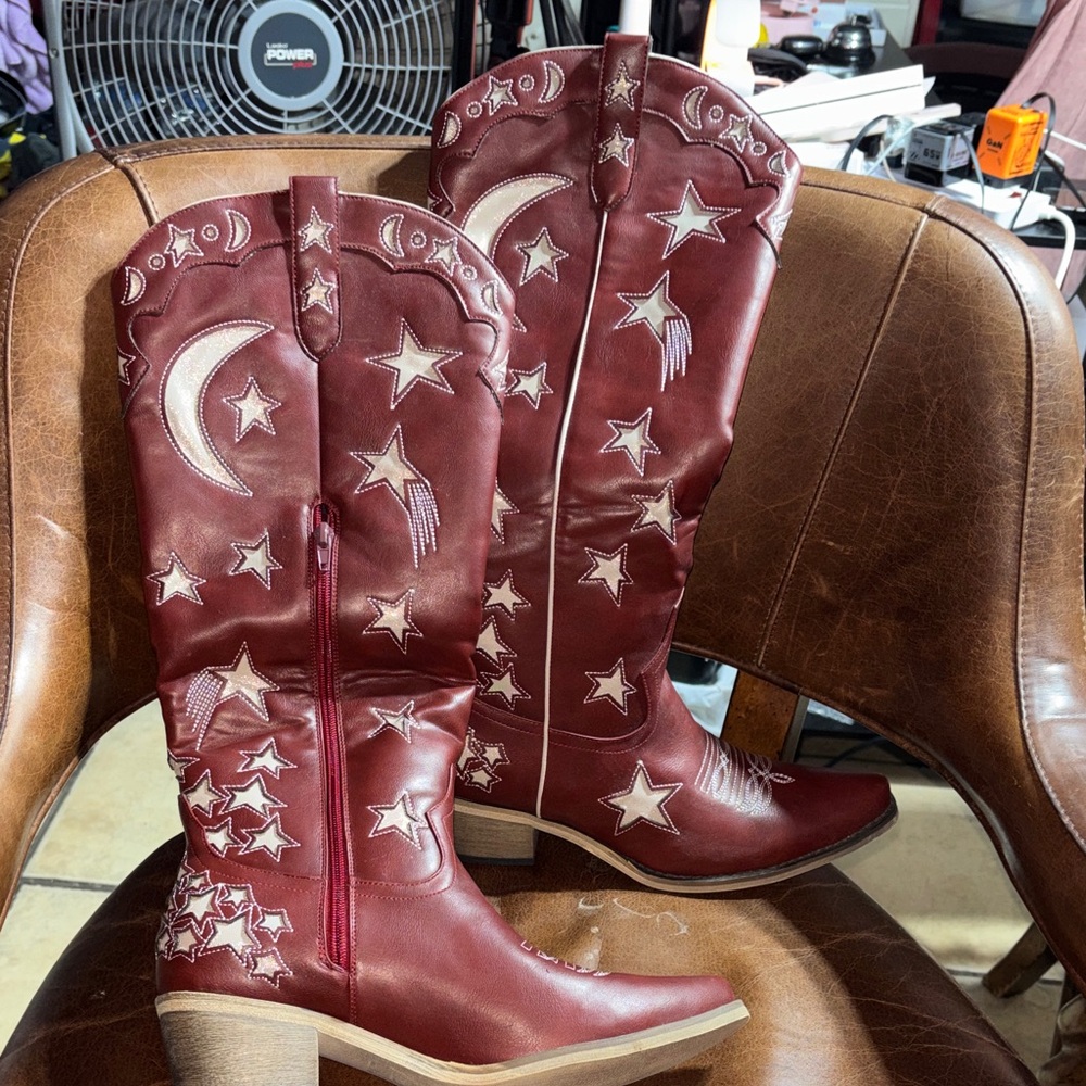 Stylish Burgundy Over the Knee Boots with Celestial Design